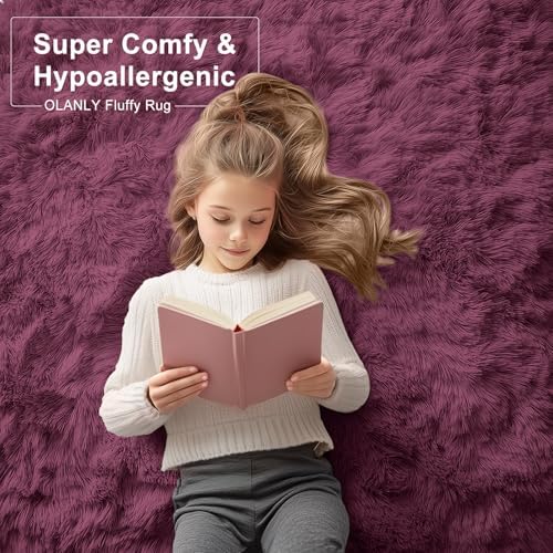OLANLY 2x5 Machine Washable Runner Rugs for Hallway, Soft Fluffy Shaggy Bedside Rugs for Bedroom, Living Room, Indoor Floor Carpet for Kids Girls Boys, Nursery Rooms, Home Decor Aesthetic, Burgundy