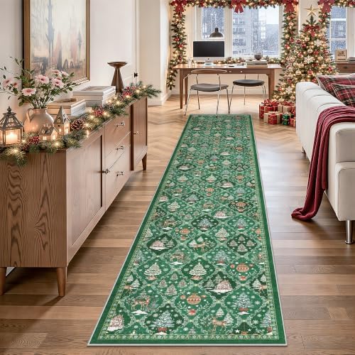 Christmas 2x10 Runner Rugs for Hallway, Green Non Slip Washable Kitchen Rug