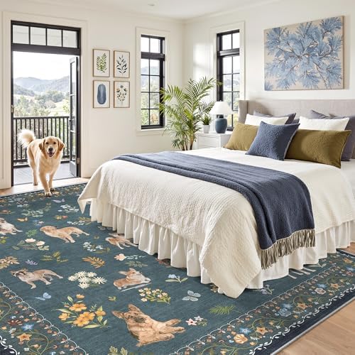 Soalmost Dog 9x12 Area Rugs for Living Room, Washable Soft Rug Navy Blue
