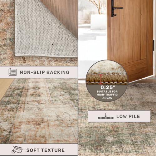 Green Brown 2x3 Washable Small Throw Rug for Entryway, Kitchen, Bathroom, Non Slip with Rubber Backing, Soft Stain Resistant Carpet, Farmhouse Medallion Abstract Indoor Décor, Distressed Design