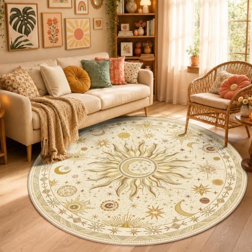 Vacuum-Friendly, Round 6ft Washable Area Rug, Beige Camel Brown