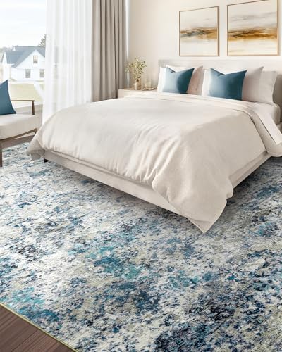 Washable Area Rug for Living Room: 8x10 Modern Abstract Neutral Soft Rug for Bedroom Dining Room No Slip Low Pile Carpet for Nursery Home Office - Grey/Blue