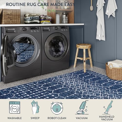 Lahome Moroccan Living Room Rug 9x12 Non-Slip Washable Ultra-Thin Soft Large Area Rug, Modern Geometric Print Stain Resistant Carpet for Bedroom Dining Room, Blue Hana