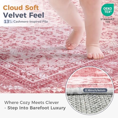 OPPODREAM Vintage Pink Area Rugs 2x3, Washable Rug for Living Room