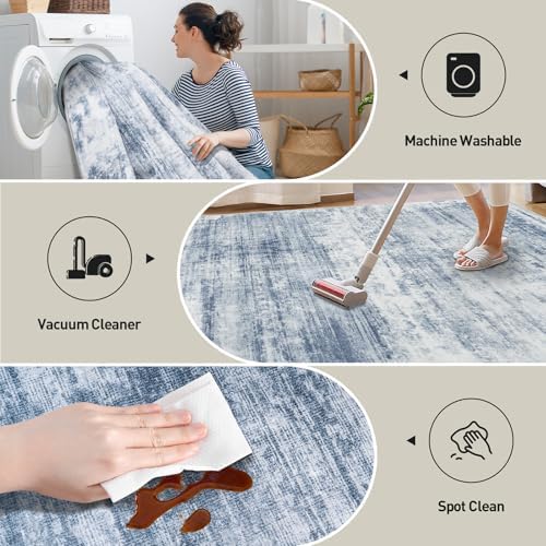 5x7 Area Rugs for Living Room: Washable Abstract Blue White Bedroom Carpet