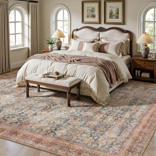 10x14 Area Rugs for Living Room - Washable Vintage Retro Large Rug, Soft Ultra Thin Non Slip Low Pile Traditional Distressed Boho Carpet for Bedroom Dining Room Home Office, Rust Clay