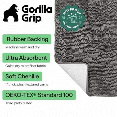 GORILLA GRIP Bath Rug Mat for Bathroom, Absorbent Chenille, 60x24 Charcoal