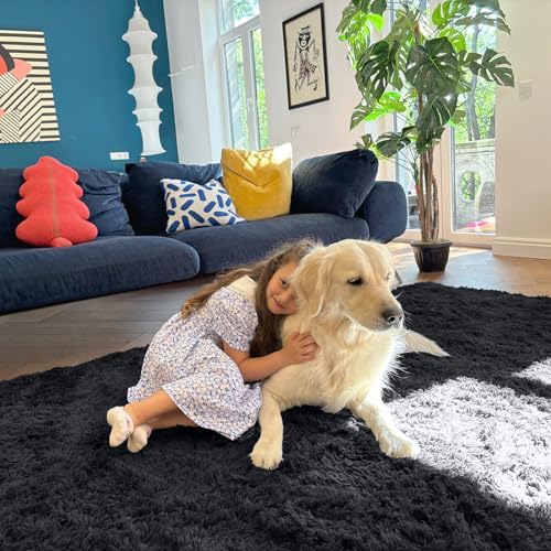 OLANLY 4x4 Machine Washable Accent Rug, Soft Fluffy Shaggy Area Rug for Bedroom, Living Room, Indoor Floor Carpet for Kids, Nursery, Home Decor, Black