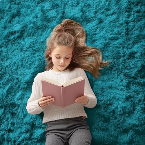 OLANLY 2x4 Machine Washable Runner Rugs for Hallway, Soft Fluffy Shaggy Bedside Rugs for Bedroom, Living Room, Indoor Floor Carpet for Kids Girls and Boys, Nursery Rooms, Home Decor Aesthetic, Teal