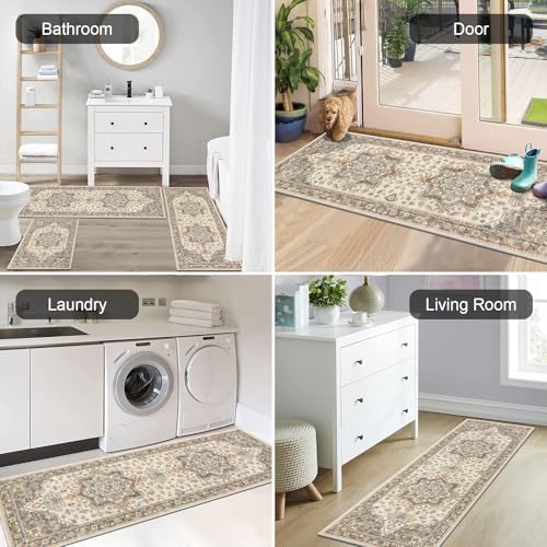HEBE Boho Kitchen Rugs Set of 3, Non Slip Washable Kitchen Mats for Floor