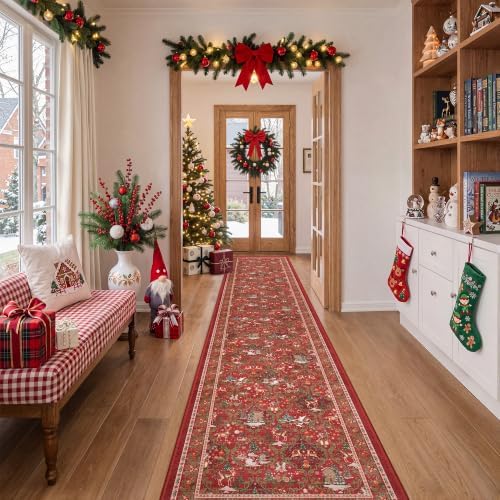 2x10 Christmas Runner Rug for Hallway,Washable Kitchen Rugs,Red