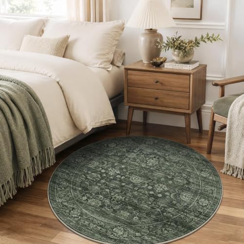 JOOJA 4x4 Dark Green Vintage Low Pile Washable Boho Small Round Kitchen Rug
