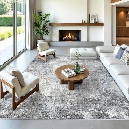 10x10 Square Living Room Rug – Washable Modern Abstract Large Rug for Bedroom, Dining Room, Playroom – Non-Slip Low-Pile Thin Indoor Floor Carpet (Blue Grey,10x10)