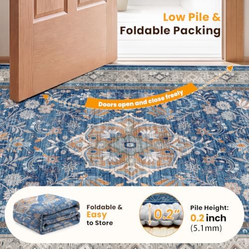 SameBed 8x10 Area Rug Living Room, Vintage Washable Carpet Blue