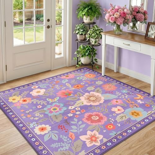 RELEANY Floral Washable Square 4ft Area Rug Purple/Pink