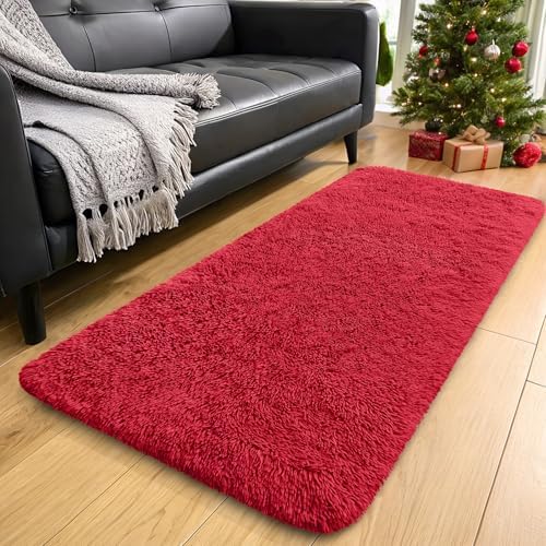 OLANLY 2x4 Machine Washable Runner Rugs for Hallway, Soft Fluffy Shaggy Bedside Rugs for Bedroom, Living Room, Indoor Floor Carpet for Kids Girls and Boys, Nursery Rooms, Home Decor Aesthetic, Red