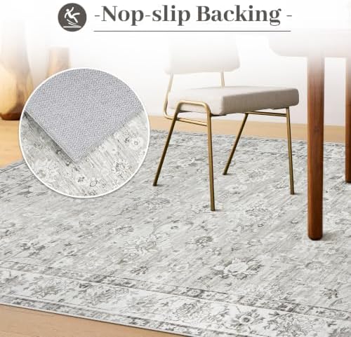 XLUEZ Area Rug 8x10 Living Room Rug, Machine Washable Vintage Distressed Boho Area Rug Non-Slip Soft Low Pile Large Indoor Rugs for Bedroom Kitchen Dining Room Office(Floral Grey,8'x10')