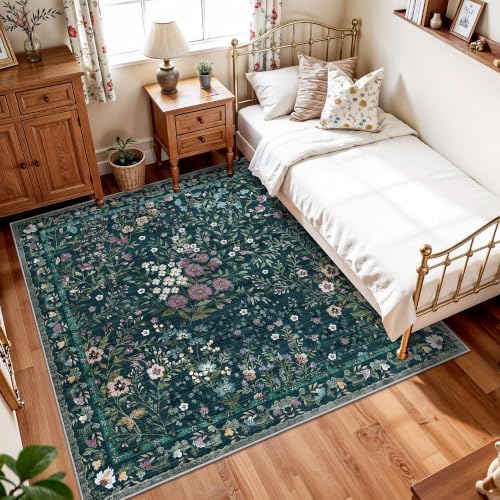 6x6 Washable Area Rug Living Room: Floral Non-Slip Washable Mat for Indoor Floor Dining Room Bedroom High Traffic Area - Soft Low Pile Carpet for Vintage Boho Home Decor (6ft Square, Green)