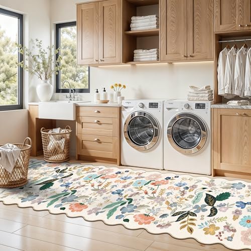Washable 2x8 Hallway Runner Rug: Vintage Water-Resistant Floral Scalloped Kitchen Entryway Rug Ultra Soft Living Room Bedroom Carpet Non-Slip Indoor Floor Mat for Bathroom Dining Room(2x8,Cream)