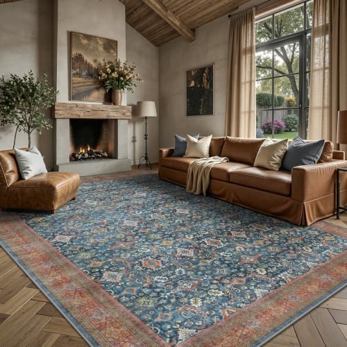 6x9 Area Rugs - Washable Vintage Retro Living Room Rug, Soft Ultra Thin Non Slip Low Pile Traditional Distressed Boho Carpet for Bedroom Dining Room Nursery Home Office, Navy Rust