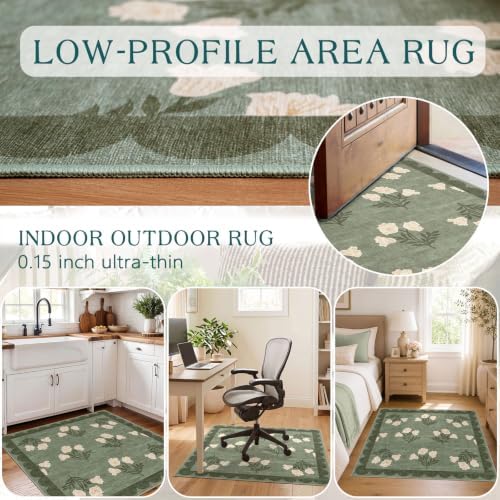 3x3 Square Entryway Rug - Non-Slip Washable Front Door Mat Indoor Outside Entrance Small Porch Rug Sage Green Cottage Scalloped Throw Rugs for Entryway Kitchen Bedroom Office Front Porch Decor
