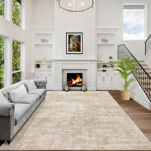 5x7 Area Rugs for Living Room: Washable Abstract Beige Bedroom Carpet