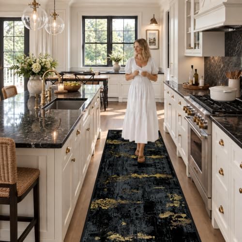 RELEANY Washable Runner 2'x8' Abstract Area Rug for Hallway Black Gold