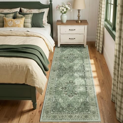 RELEANY Washable Area Rug, Runner 3'x6', Green/Dark Green/Gray