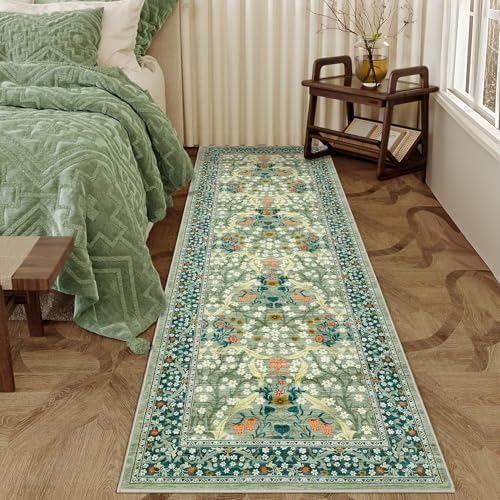 GarveeHome Floral Hallway Runner Rug, 2.5x8 Kitchen Runner Rugs, Washable Non Slip Entryway Rugs Indoor, Ultra-Thin Stain Resistant Carpet Floor Mat for Laundry Room, Sage Green