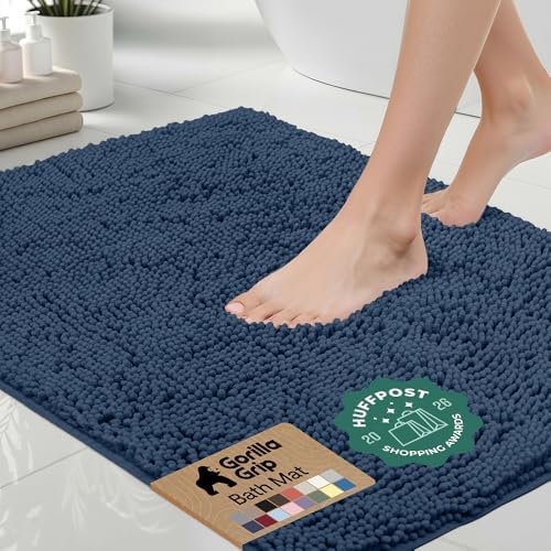 GORILLA GRIP Bath Rug Mat for Bathroom, Absorbent Chenille, 54x24 Navy Blue