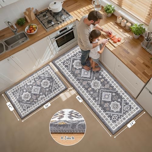 HEBE Boho Kitchen Rugs Set of 2, Non Slip Washable Kitchen Mats for Floor