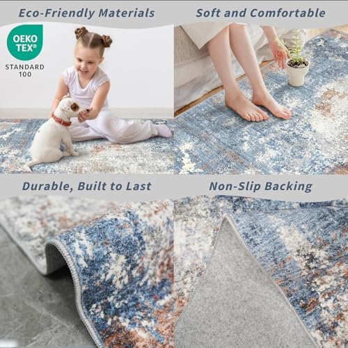 3x20 ft Extra Long Hallway Runner Rug - Non-Slip Washable Floor Runner with Rubber Backing, Modern Low Pile Thin Wide Carpet for Entryway, Kitchen, Living Room (Blue Rust, 3x20)