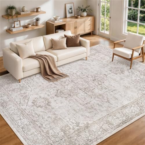 10x12 Washable Area Rugs for Bedroom Beige Brown Non-Slip Rug