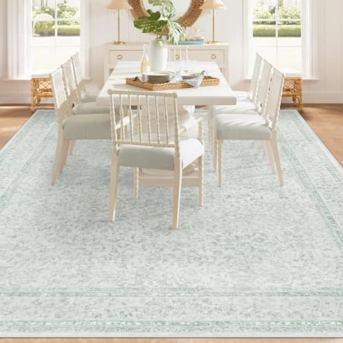 9x12 Area Rugs for Living Room: Washable Large Vintage Floral Rug Low Pile Non-Slip Boho Carpet for Bedroom Home Office Dining Room (Green, 9'x12')