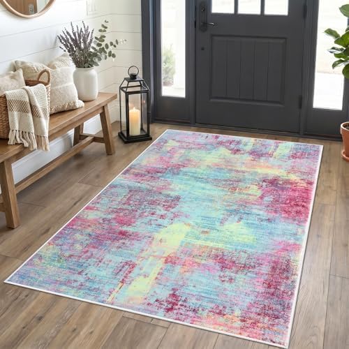 IOHOUZE Abstract Area Rug 4x5 Ft Washable Rugs for Entryway Indoor, Non Slip Small Living Room Rugs Printed Faux Wool Throw Rug, Floor Carpet for Kitchen Nursery Playroom, Pink Teal