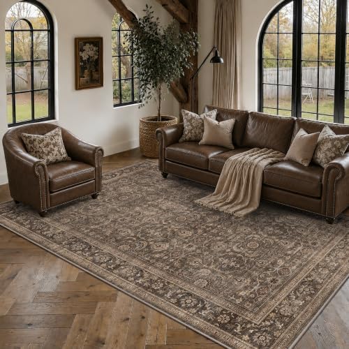 JOOJA 5x8 Dark Brown Vintage Washable Area Rug, Low Pile Living Room Rug