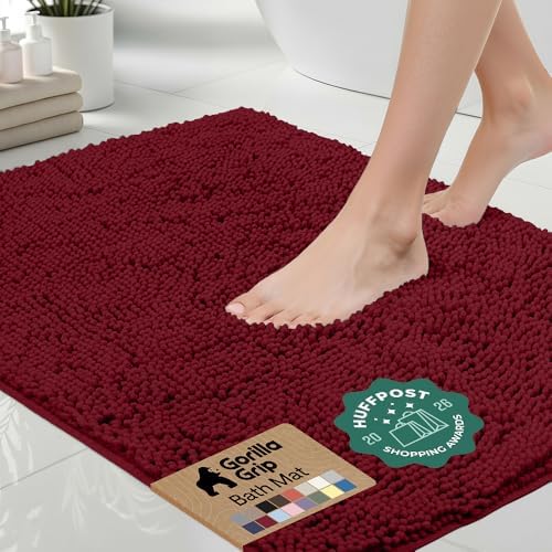 GORILLA GRIP Bath Rug Mat for Bathroom, Absorbent Chenille, 48x24 Burgundy
