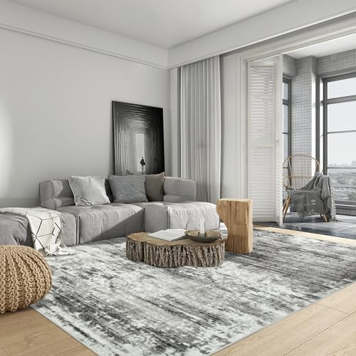 5x7 Area Rugs for Living Room: Washable Abstract Black Grey Bedroom Carpet