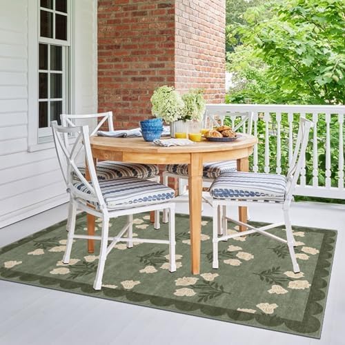 4x6 Covered Outdoor Patio Rug - Green Washable Front Porch Entry Rug Non-Slip Door Mat Indoor Outside Entrance Vintage Floral Scalloped Area Rug for Living Room Entryway Backyard Porch Decor