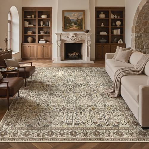 Bavni 9x12 Washable Area Rug for Living Room, Cream Brown