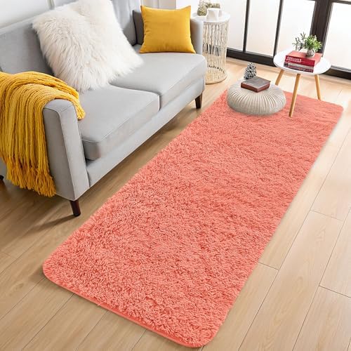 OLANLY 2x6 Machine Washable Runner Rugs for Hallway, Soft Fluffy Shaggy Bedside Rugs for Bedroom, Living Room, Indoor Floor Carpet for Kids Girls and Boys, Home Decor Aesthetic, Coral Red