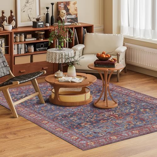 Washable Area Rug 6' x 9' Vintage Traditional Persian Mat - Foldable Distressed Non-Slip Machine Washable Carpet for Living Room Bedroom Kitchen Home Decor - Indigo and Crimson