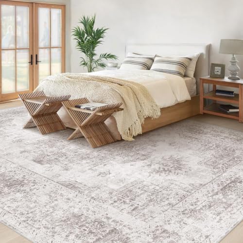 XLUEZ Area Rug 10x12 Living Room Rug, Machine Washable Vintage Distressed Medallion Rug Non-Slip Soft Low Pile Large Indoor Rugs for Bedroom Kitchen Dining Room Office(Grey,10'x12')