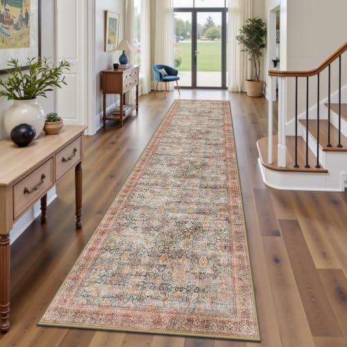 2x10 Hallway Runner Rug, Washable Vintage Retro Long Runner Rugs for Kitchen Laundry, Soft Ultra Thin Non Slip Low Pile Traditional Distressed Boho Carpet for Bedroom Bathroom, Rust Clay