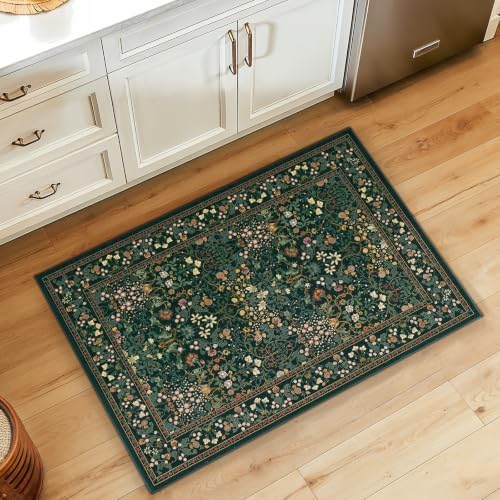 Amada Floral Washable Area Rug,2'x3',Dark Green