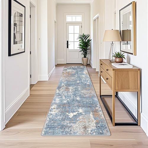 3x12 ft Long Hallway Runner Rug Non-Slip Washable Carpet Runner for Kitchen Entryway Bathroom Modern Abstract Neutral Low-Pile Thin Stain-Resistant Blue Rust