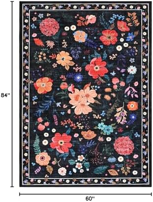 Macgace Floral Area Rug for Living Room, Machine Washable 5x7 Black Rugs