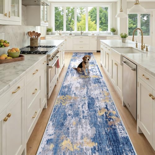 RELEANY Washable Runner 2'6"x14' Abstract Area Rug for Hallway Blue Gold