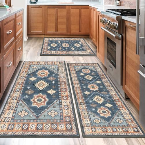HEBE Boho Kitchen Rugs Set of 3, Non Slip Washable Kitchen Mats for Floor