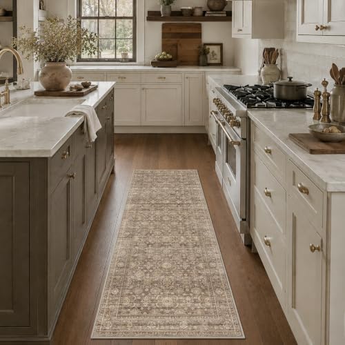 JOOJA 2x6 Neutral Tan Vintage Low Pile Non Slip Washable Boho Runner Rug